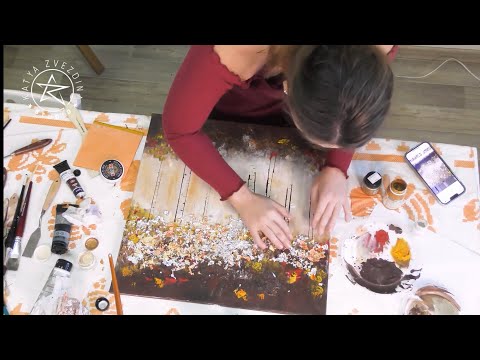 Golden forest - abstract painting with golden leafs and acrylic paint