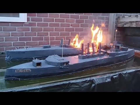 Cardboard Ship Burning And Sinking: Cruiser Hamshire Versus Cruiser Chester