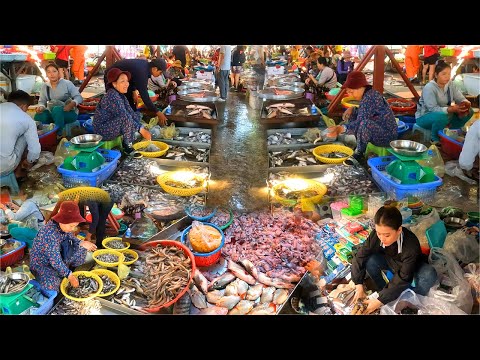 Mercado de peixe fresco Atividades de vendedores e compradores no mercado de peixe cambojano O mercado está muito movimentado