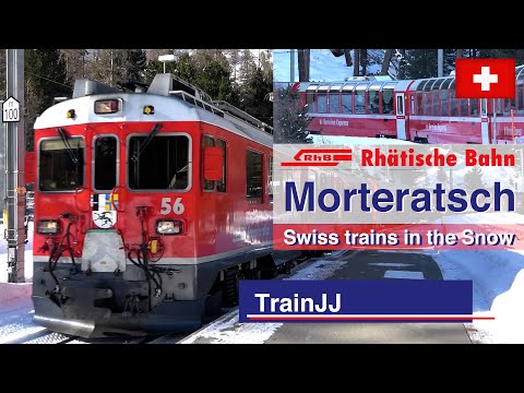4K Swiss Trains in the Snow | Bernina Express - RhB Rhätische Bahn | Morteratsch Switzerland