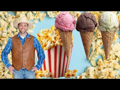 Smiling man in a cowboy hat and leather vest stands beside oversized ice cream cones and popcorn on a blue background.