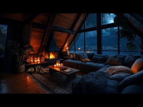 10 HOURS Thunderstorm Over the River at Night | Cozy Cabin, Rain & Cracking Fireplace