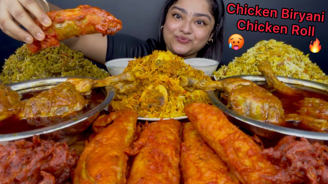 CHICKEN BIRYANI, EGG BIRYANI AND PANEER BIRYANI WITH SPICY LAL CHICKEN TANGDI JHOL WITH CHICKEN ROLL