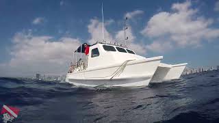 Two SCUBA divers descending toward the Sea Tiger Wreck in Honolulu, Hawaii