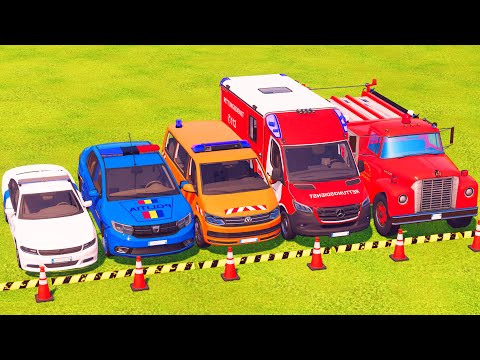 DACIA, DODGE POLICE CARS & MERCEDES AMBULANCE EMERGENCY VEHICLES TRANSPORTING - FS22