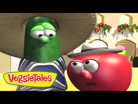 Larry the Cucumber wearing a sombrero and striped poncho stands beside a red tomato character wearing a hat, in a bright VeggieTales scene with the logo.