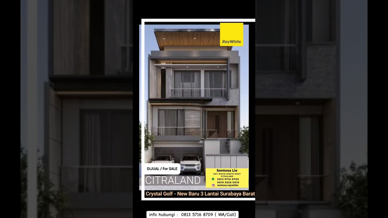 IDR 5 Billion Range - For Sale New House in Crystal Golf Citraland West Surabaya - New Modern 3 Floors - 5+1 Bedrooms - Carport Garage for 4 Cars - Special Location, Wide Street for 4 Cars - Facing South