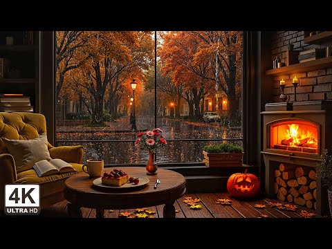 Warm Autumn Fireplace & Rainy Street 🍂 Gentle Jazz with Café Ambience for Study, Work & Calm Nights