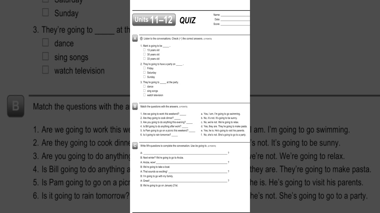 Interchange Fifth Edition Intro Level Assessment Written Quiz Unit11-12