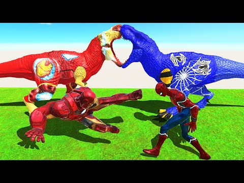 IRON MAN and T-REX IRON MAN vs SPIDERMAN and T-REX SPIDER DEATH RUN - Animal Revolt Battle Simulator
