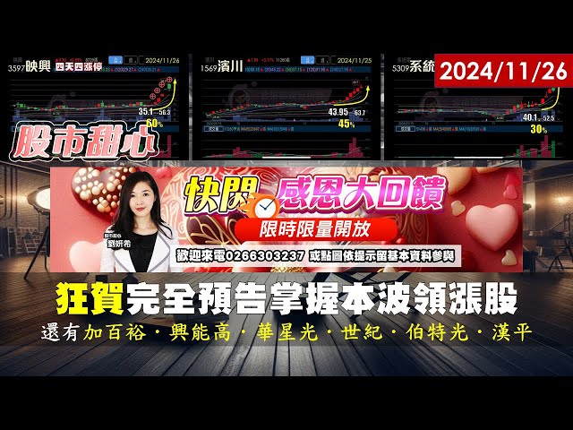 11/26【甜心盤後影音】狂賀完全預告掌握本波領漲股～映興60%．濱川45%．加百裕．興能高．華星光．世紀．伯特光．漢平也皆創新高漲不停！