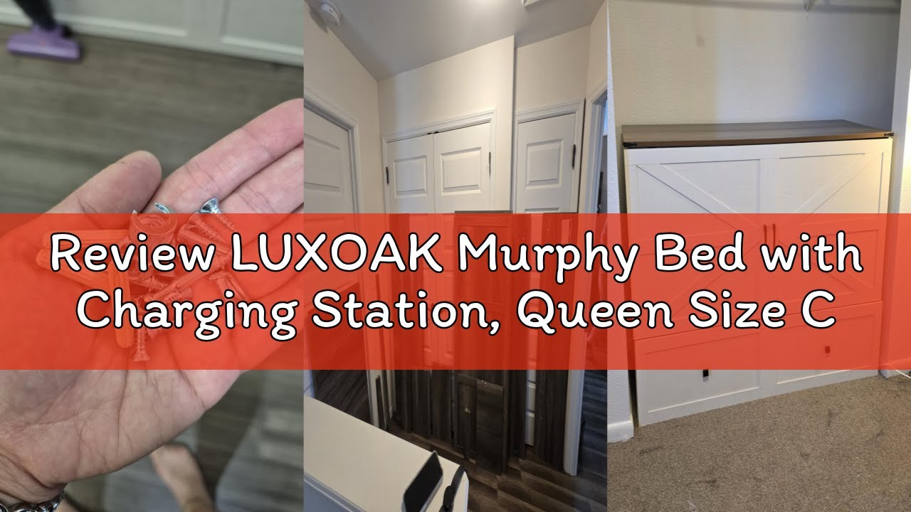 Review LUXOAK Murphy Bed with Charging Station, Queen Size Cabinet Bed with Large Storage Drawer for