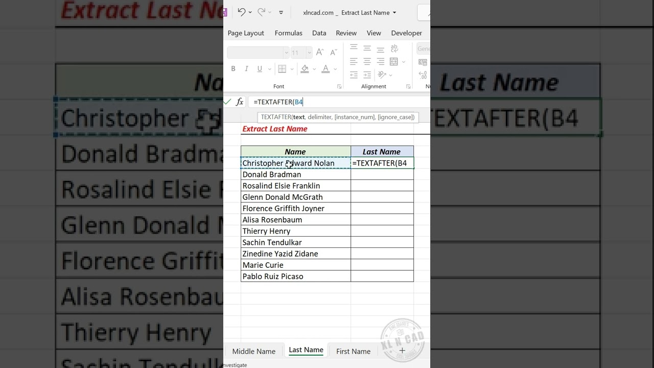 Extract Last Name using TEXTAFTER function in Excel