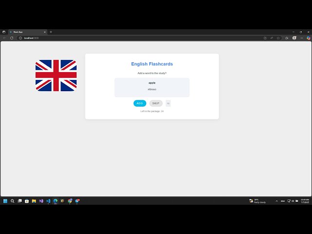Фото Простий додаток на React JS для вивчення слів за допомогою флеш-карток. Є переклад, озвучка, кнопки «Далі», «Вивчено» та підрахунок прогресу. Слова автоматично зникають після вивчення.
