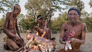 Hadzabe tribe hunting another survive Cooking meat.