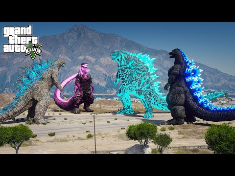 Godzilla Earth vs Atomic Godzilla, Shin Godzilla, Heisei Godzilla - Epic Scene ( GTA V Mods )