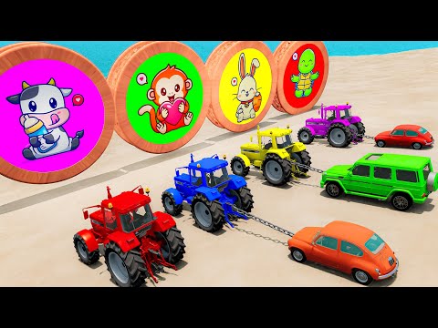 Cars vs Portal Trap with Tractor Truck Transport Small Cars Crossing Deep Water - BeamNG