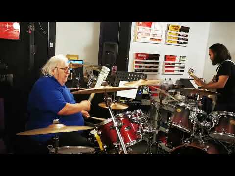 Drum legend Lee Kerslake (Uriah Heep) BBC filming at The School of Rhythm London.