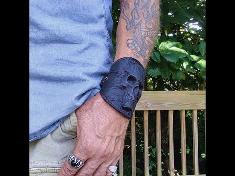 Handcrafted Genuine Vegetal Leather Embossed Skull Design Cuff -  Wristband.