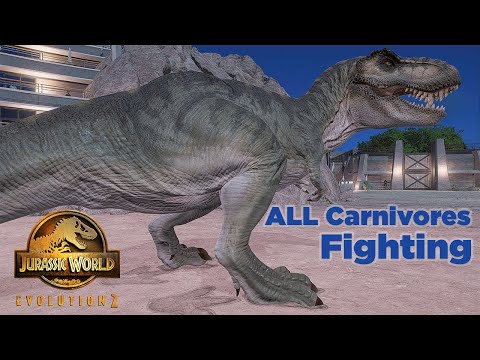 Tyrannosaurus Rex vs All Carnivore Dinosaurs fights Jurassic World Evolution 2