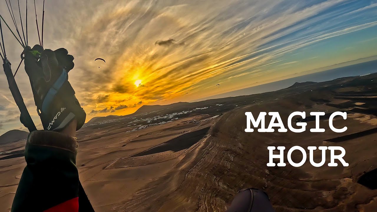 Paragliding magic hour in El Cuchillo, Lanzarote