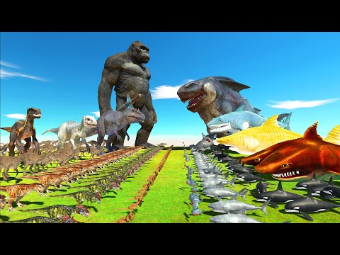 Dinosaurs revolt battle with King Kong + Indominus Rex + Giganotosaurus VS Team Megalodon Rex