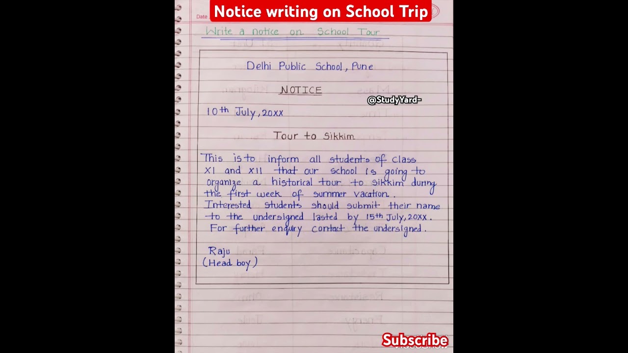 Notice writing on school trip l notice writing l notice writing class 5/6/7/8/9/10/11/12