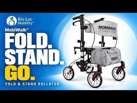 MobiWalk® FOLD & STAND Rollator Walker | Indoor & Outdoor Rollator | 8 Inch Wheels, Adjustable Height, Storage Bag, Cane Holder
