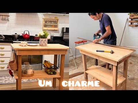 We built a kitchen island using cedar wood planks and beams.