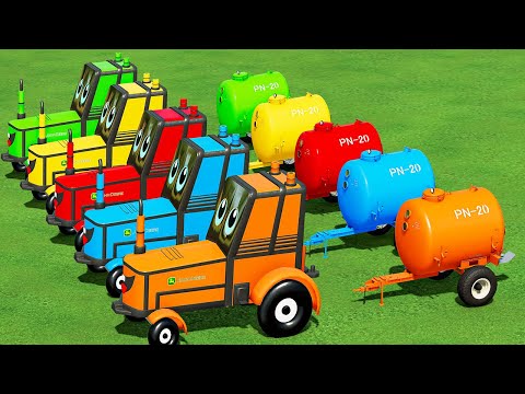 Small Tractor of Colors! Transporting Hobby John Deere Tractors & Water Tanker w/ Buses!  FS22
