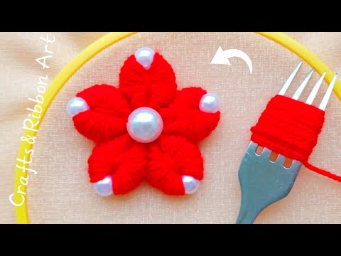 It's so Beautiful 💖🌟 Superb Woolen Flower Making Trick with Fork - New Amazing Woolen Flower Idea