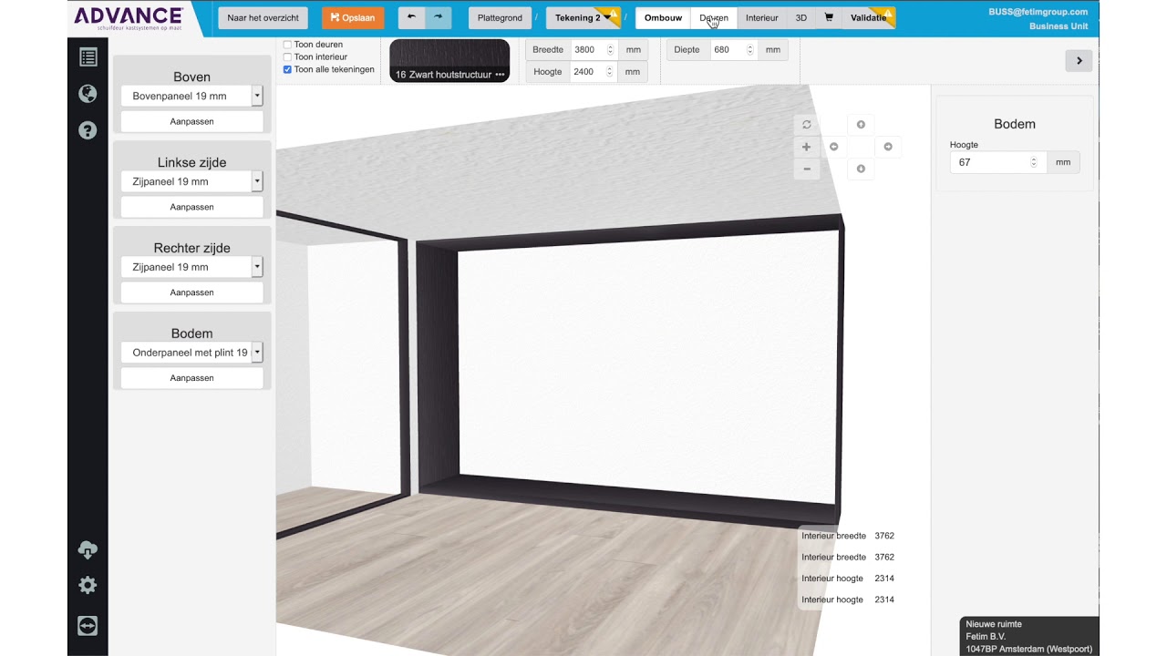 Deuren en kastombouwpanelen opstelling tekenen