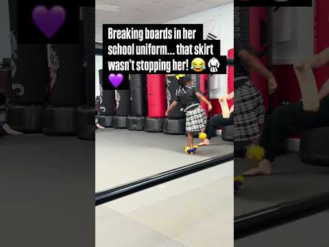 She’d been waiting to break this board, and nothing was stopping her. Not even her uniform! 😂🥋💜