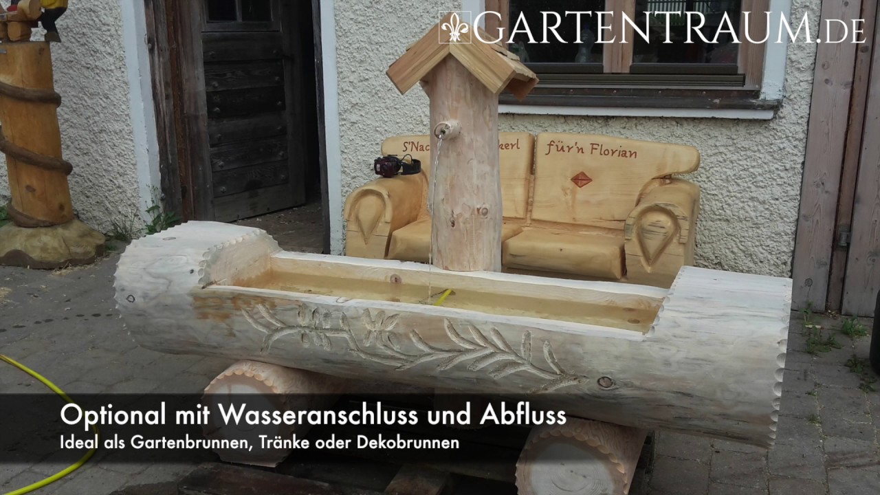 Holzbrunnen kaufen – Alpine Gartenbrunnen in Baumstamm-Optik