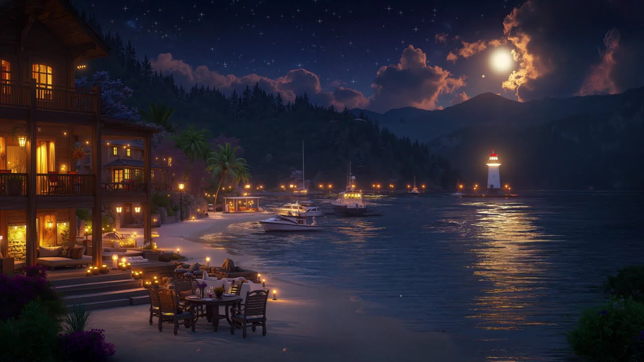 Lighthouse Bay | Moonlit Beach Ambience with Ocean Waves and Boats