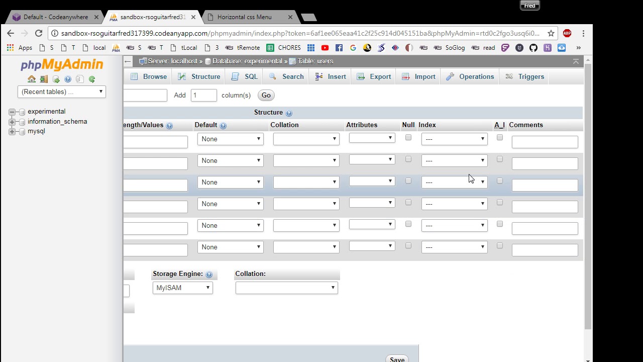 Codeanywhere Tutorials :: Create database - users table