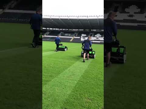 Striping up the pitch with the new electric mowers at #hullcity #allettmowers #football #climate