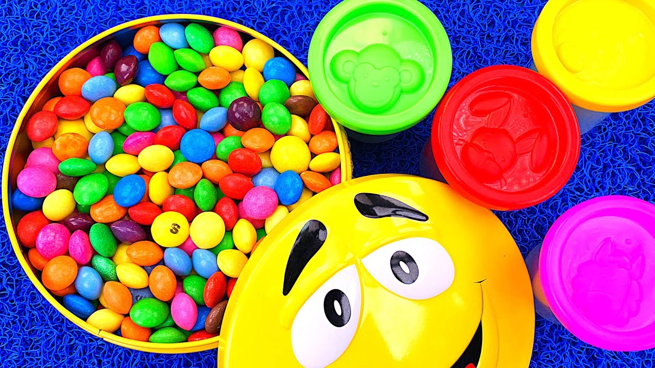 Satisfying Video ASMR | Box Full of Rainbow M&M Candy with Magic Fruit Playdoh & Grid Balls Cutting
