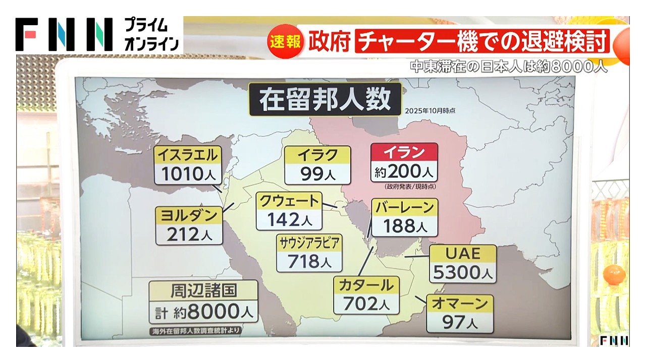 「最悪のケースに備え…」中東滞在中の日本人は8000人　日本政府は陸路に加えチャーター機での邦人退避を検討（2026年03月04日）
