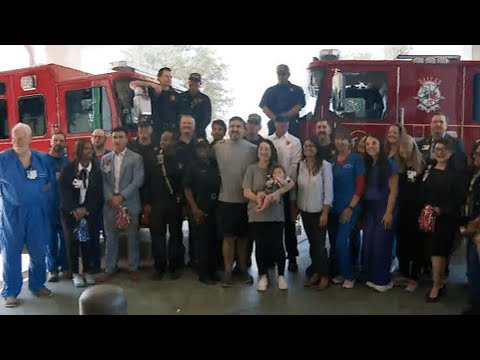 Dallas firefighters celebrate one of their own as his baby son heads home