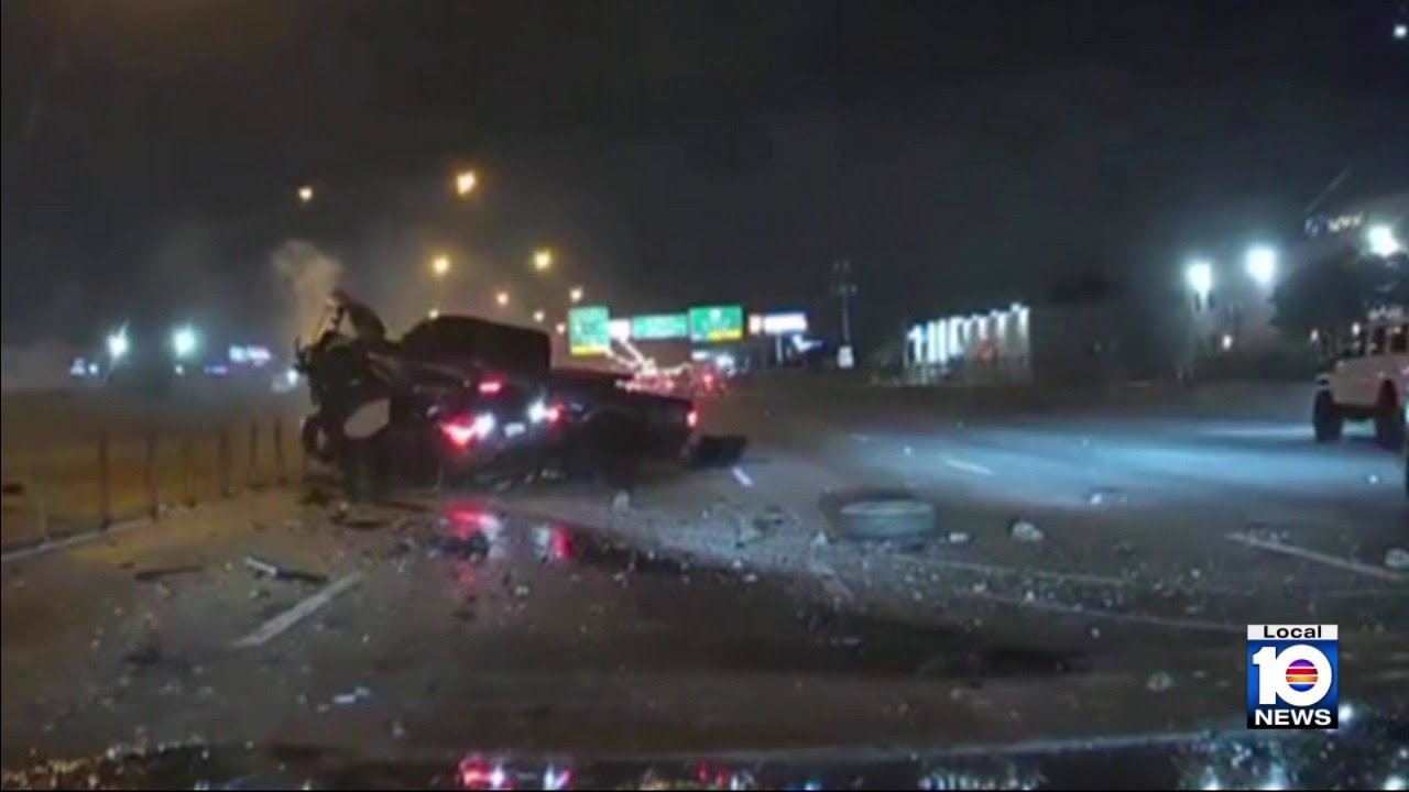 Dashcam shows truck go airborne onto car in Doral crash, driver survives