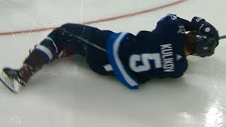Kulikov rocked into boards by McGinn, heads to Jets’ locker room