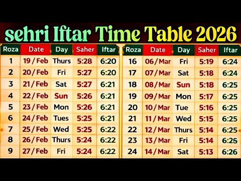 Ramadan Sehri Iftar Time Table 2026 | सेहरी इफ्तार टाइम 2026 | 2026 Ramzan Calendar