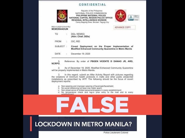 FALSE: Lockdown in Metro Manila on December 19, 2020