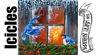 Icicles Blue Jays at Winter Window Acrylic Painting Tutorial Table | TheArtSherpa