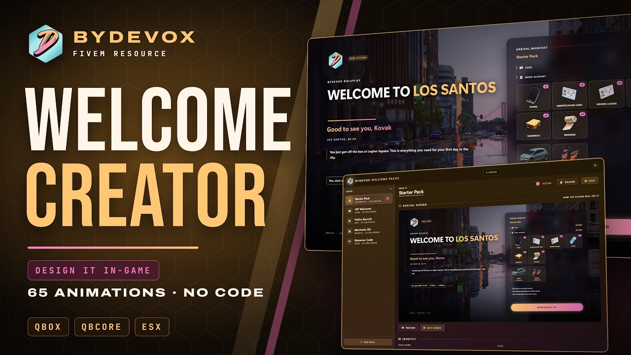 [FREE] [Qbox/QBCore/ESX] ByDevox Welcome Creator — starter packs + in ...