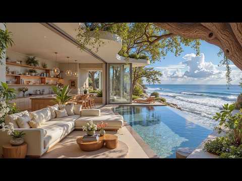 Elegant Seaside Ambience With Soft Jazz Music | A Relaxing Lounge Space & Gentle Waves for Unwind