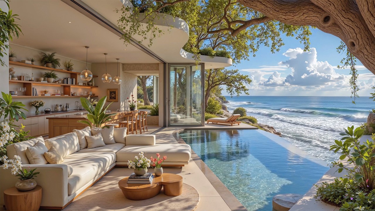 Elegant Seaside Ambience With Soft Jazz Music | A Relaxing Lounge Space & Gentle Waves for Unwind