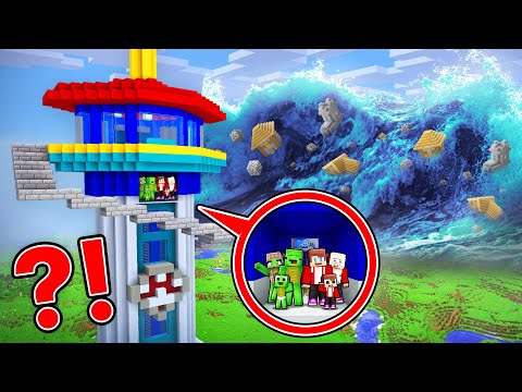 EPIC TSUNAMI vs. Mikey Family & JJ Family PAW PATROL TOWER - Minecraft (Maizen)