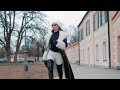 ORIGINAL SOUND OF METAL HEELS WALKING OVER STONE SURFACE LEATHER AND FUR COAT AND OVERKNEE BOOTS
